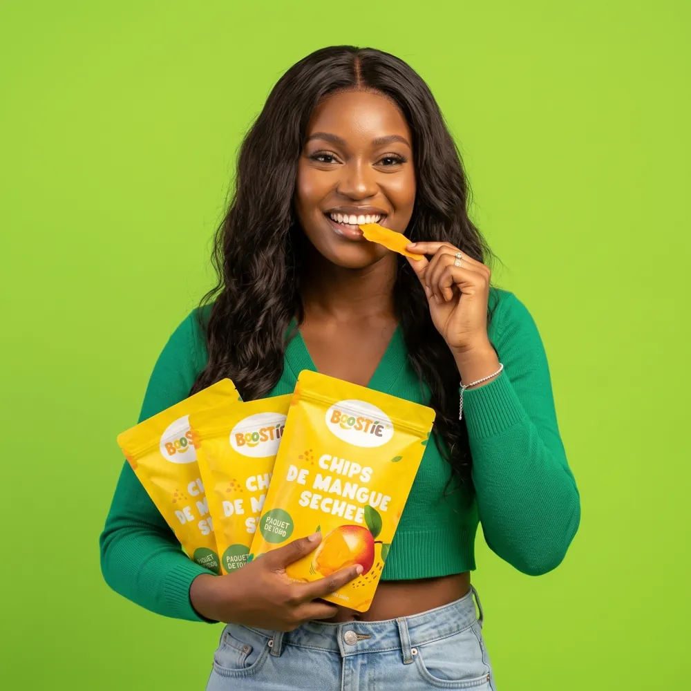 Une cliente souriante croque une chips de mangue Boostie+, trois sachets dans les bras